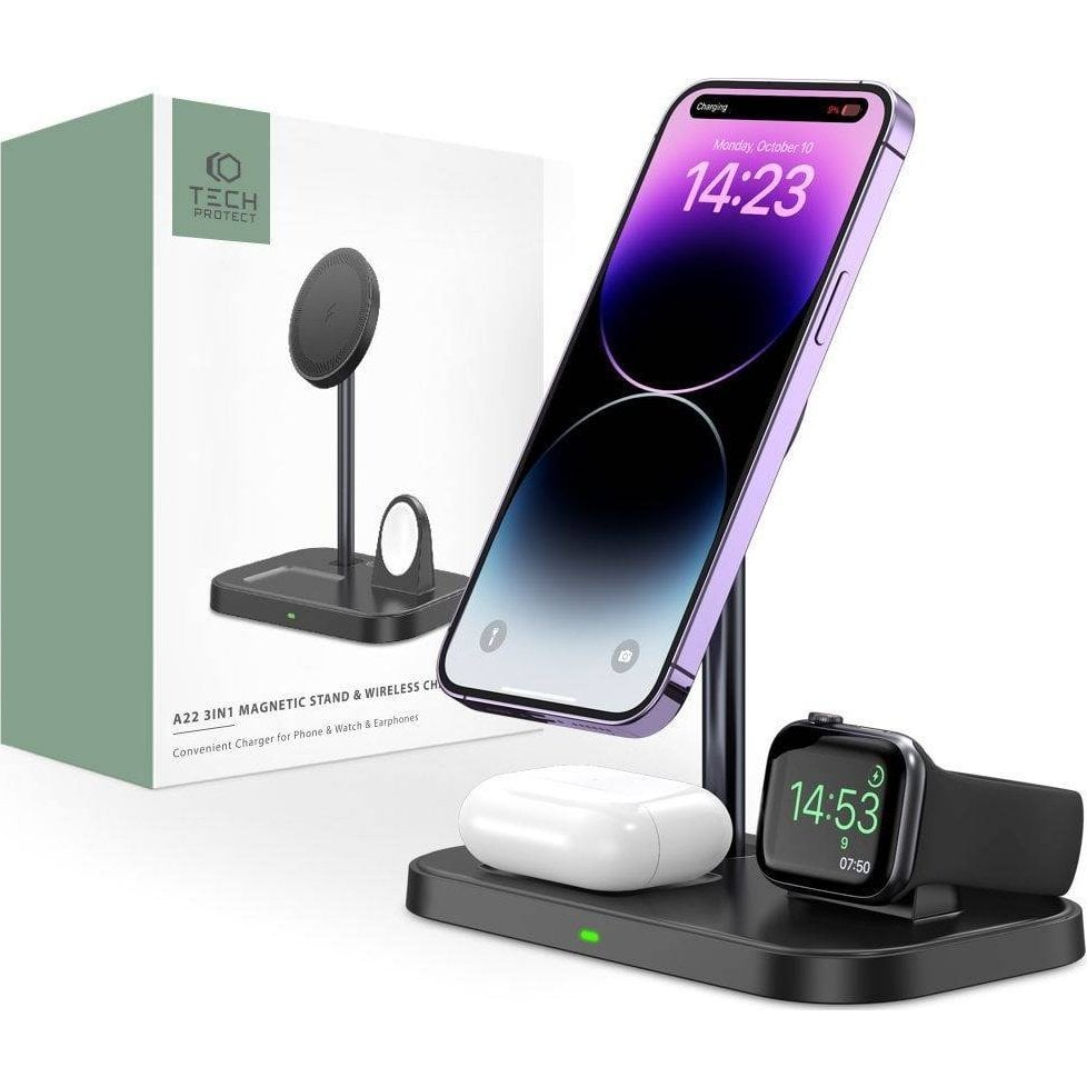 Ładowarka Tech-Protect Ładowarka bezprzewodowa MagSafe Tech-protect Qi15W A22 3in1 Magnetic Wireless Charger Black (THP1691)-0