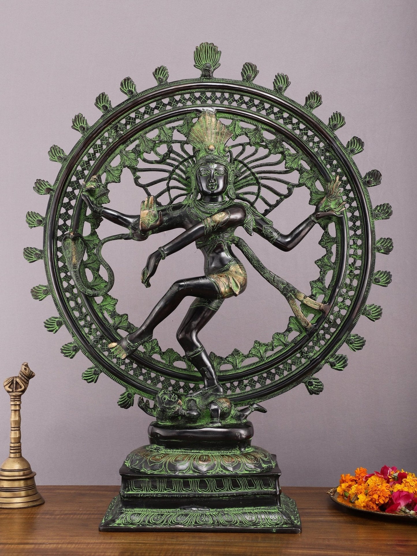 28" Superfine Brass Nataraja Statue - Golden Allure with Vintage Green and Black Touch | 100% Certified Copper & Brass-0
