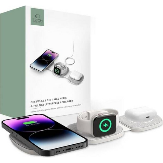 Ładowarka Tech-Protect Ładowarka bezprzewodowa Tech-Protect QI15W-A32 3in1 Magnetic Magsafe Wireless Charger Grey + kabel USB-C / USB-C 120cm (THP2773)-0