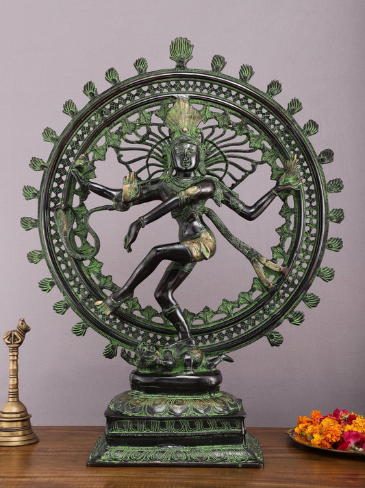 28" Superfine Brass Nataraja Statue - Golden Allure with Vintage Green and Black Touch | 100% Certified Copper & Brass-0