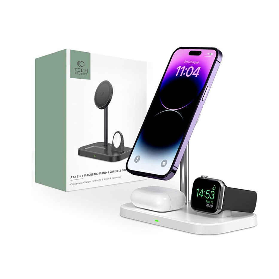 Tech-Protect Qi univerzális vezeték nélküli töltő állomás - 15W - Tech-Protect A22 3in1 Wireless Charger for Phone + Watch + Earphone - fehér (FN0487)-0