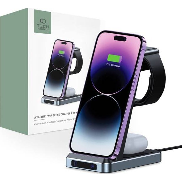 Ładowarka Tech-Protect Ładowarka bezprzewodowa Tech-protect QI15W-A26 3in1 Wireless Charger Black (THP1996)-0