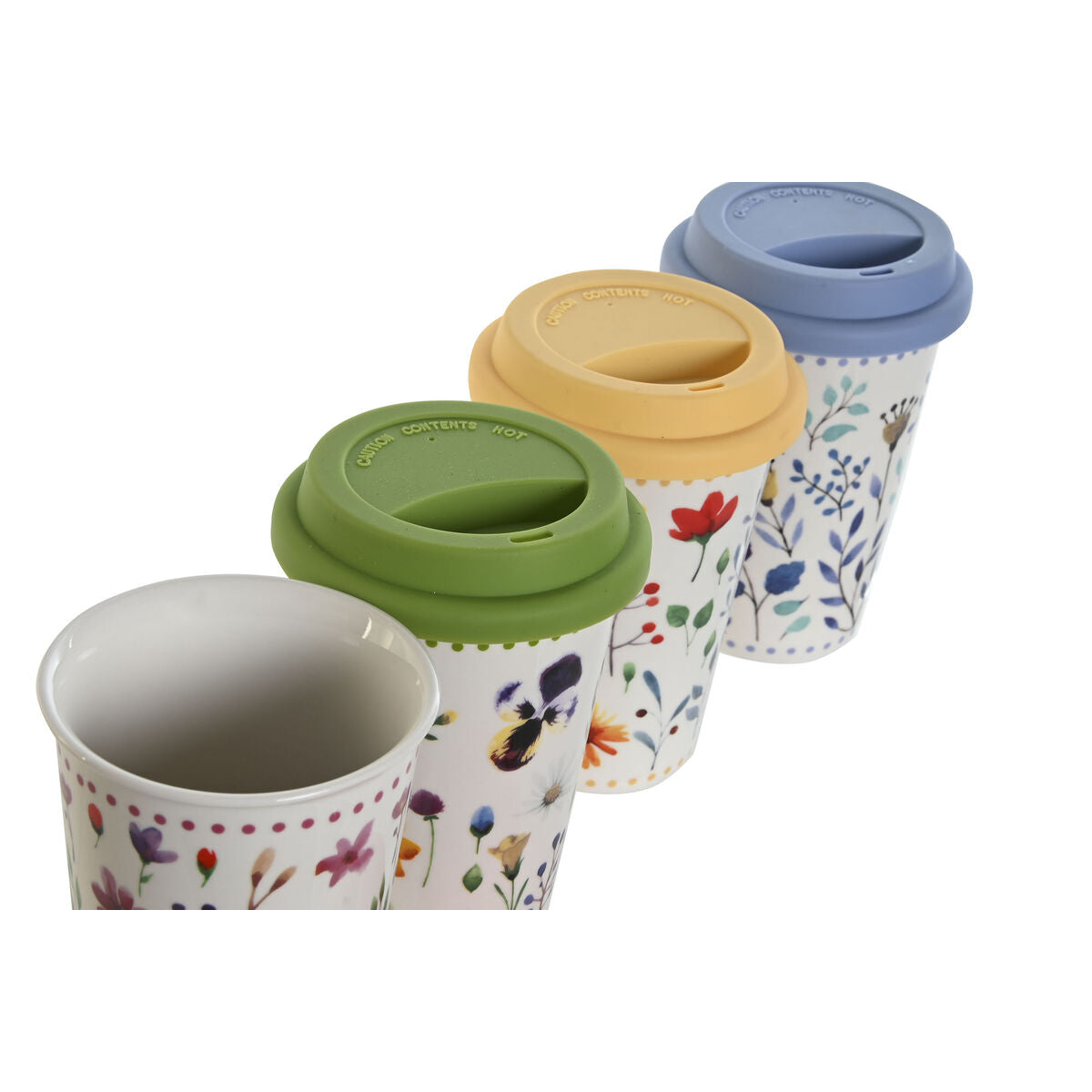 Cup with lid DKD Home Decor Multicolour Flowers 400 ml (4 Units)-1