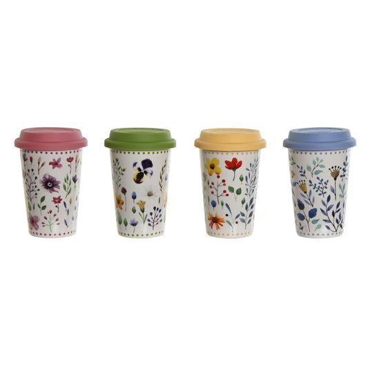 Cup with lid DKD Home Decor Multicolour Flowers 400 ml (4 Units)-0
